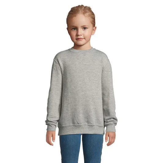 Sweatshirt copii nou supreme kids 280g gri melanj cu mâneci lungi, guler rotund clasic și manșete tricotate