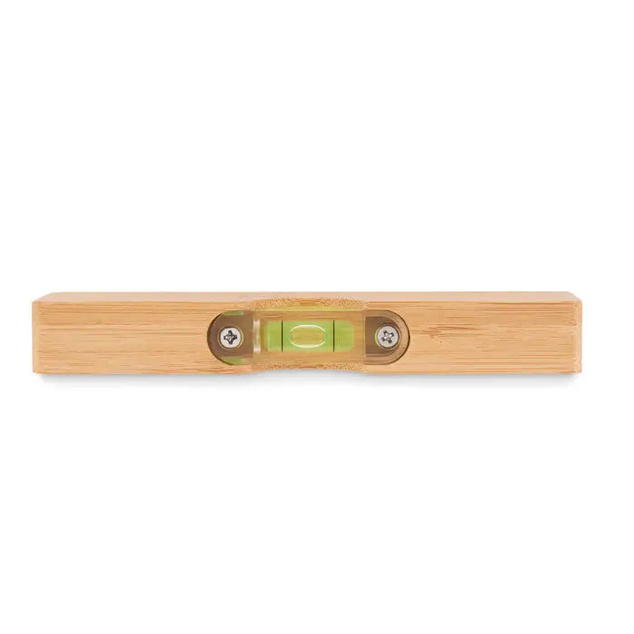 Nivela cu bula de aer din bambus cu fiola verde si suruburi metalice pentru masuratori precise si deschidere sticle