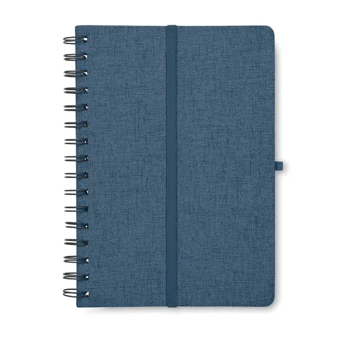 Notebook a5 albastru cu textură, spiralat, cu elastic și suport pentru telefon integrat
