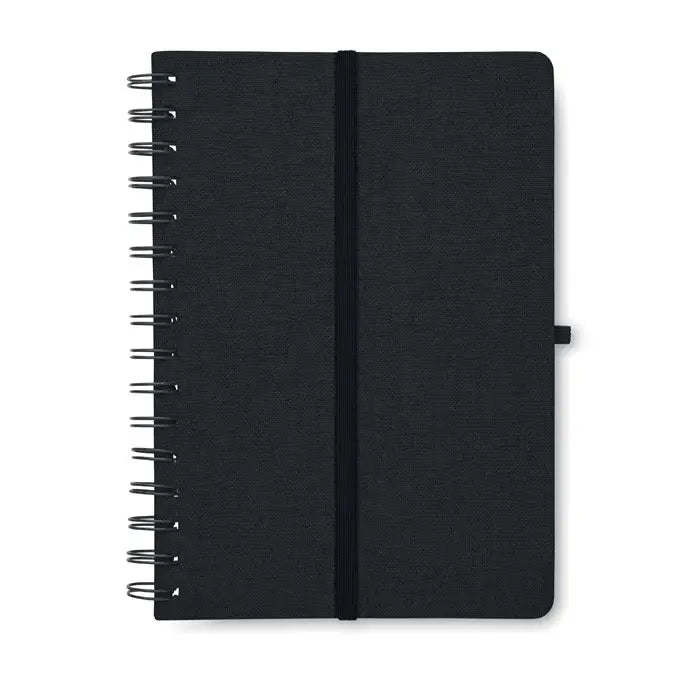 Notebook a5 negru cu spirala si elastic, cu suport pentru telefon, coperta textura fina