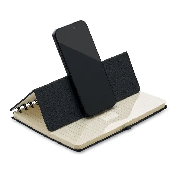 Notebook a5 negru texturat cu suport integrat pentru telefon pentru utilizare practica si organizare eficienta
