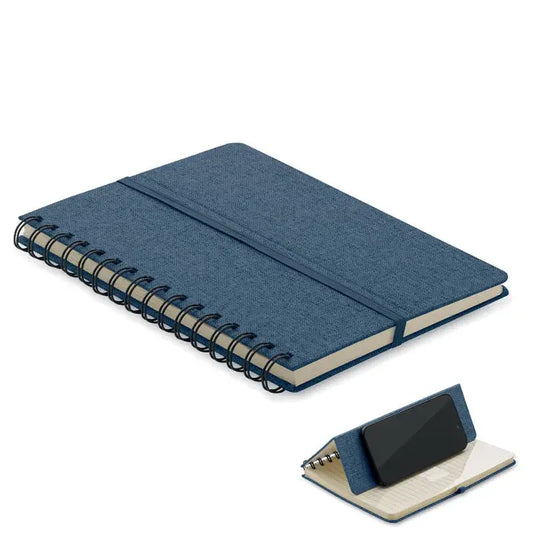 Notebook a5 albastru din denim cu coperta spiralata si suport integrat pentru telefon