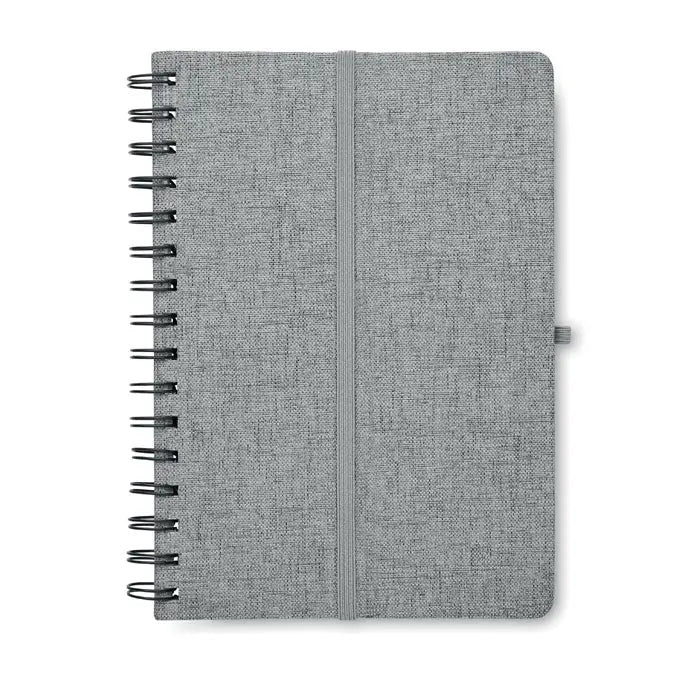 Notebook a5 spiralat cu suport pentru telefon din material texturat gri si banda elastica verticala subtila