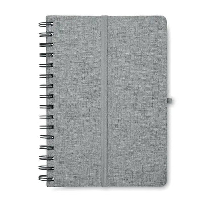 Notebook a5 spiralat cu suport pentru telefon din material texturat gri si banda elastica verticala subtila