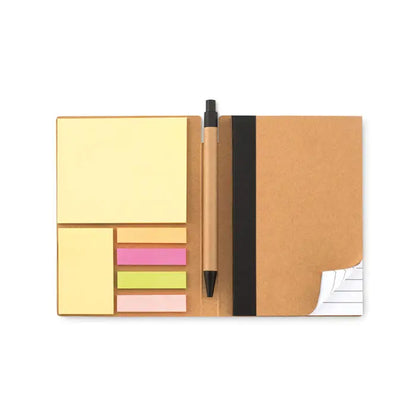 Notebook cu pix si bloc de notite din hartie kraft maro cu pix asortat si notite adezive colorate