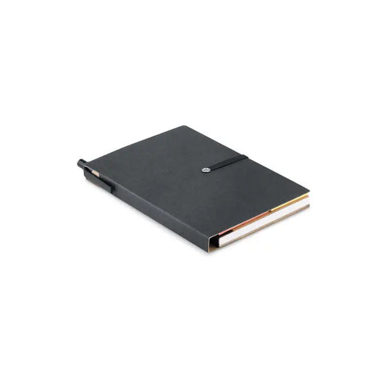 Notebook cu pix si bloc de note din piele neagra cu design minimalist si banda elastica pentru fixare