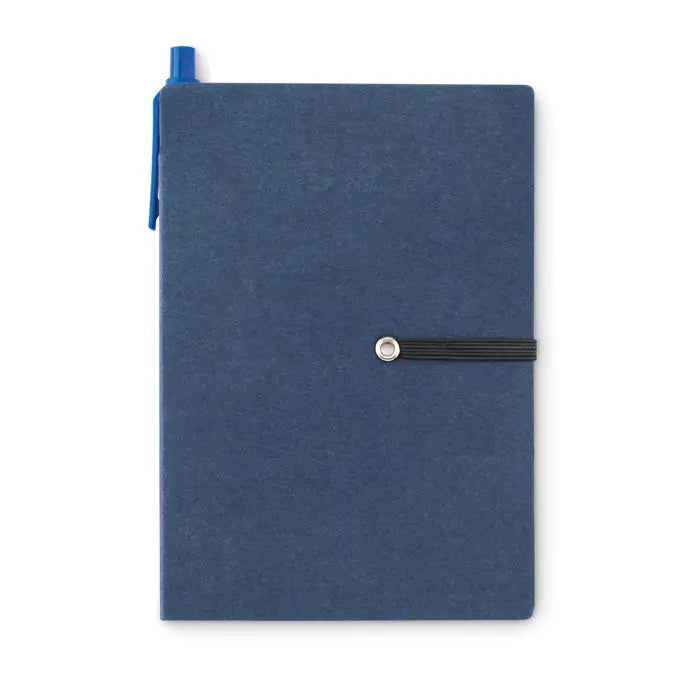 Notebook cu pix si bloc de note albastru texturat cu pix asortat prins de banda elastica neagra prin inel metalic argintiu