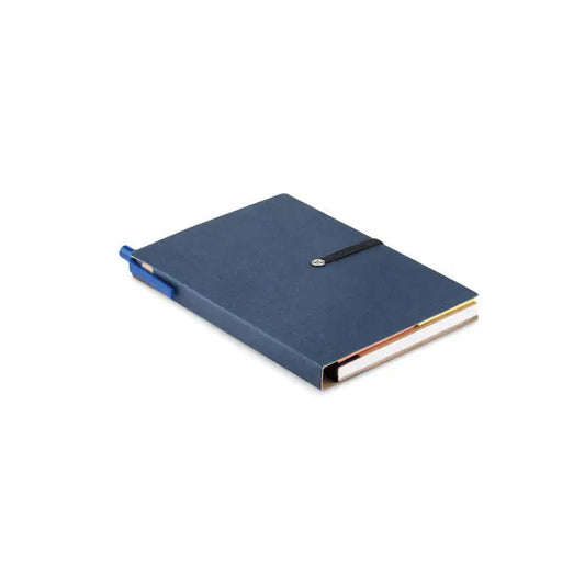 Notebook cu pix si bloc de note navy blue cu textură, elastic negru, închizătoare argintie și pix albastru atașat