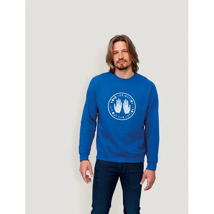 Bluză albastră unisex noua supreme sweat cu grafică albă circulară de mâini și faze lunare pe piept