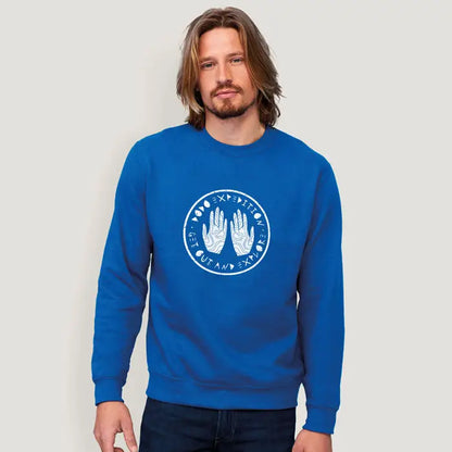 Bluză albastră cu guler rotund noua supreme sweat unisex cu grafică albă circulară mâini și textul expedition