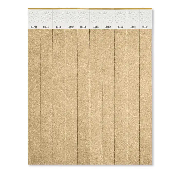 Foaie de 10 bratari din hartie aurie texturata cu taburi numerotate si modele distinctive pentru organizare
