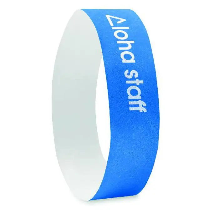 O foaie de 10 bratari albastre din material textil cu imprimeu alb aloha staff pentru identificare personal