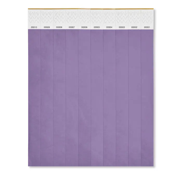O foaie de 10 bratari cu etichete violet numerotate si sectiuni cu modele pe banda alba de sus