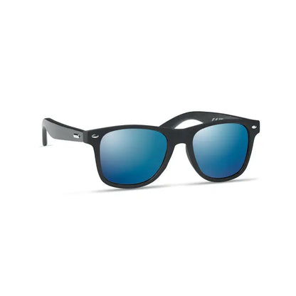 Ochelari de soare cu rame negre si lentile albastre reflectorizante cu brate din bambus pentru protectie UV