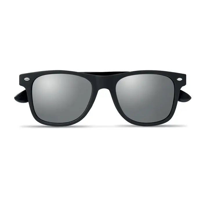 Ochelari de soare negri cu lentile gri reflectorizante si brate din bambus pentru protectie solara
