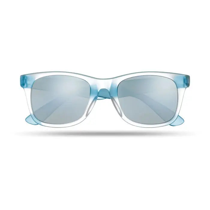 Ochelari de soare cu lentila oglinda din plastic translucid albastru deschis si lentile oglinda gri