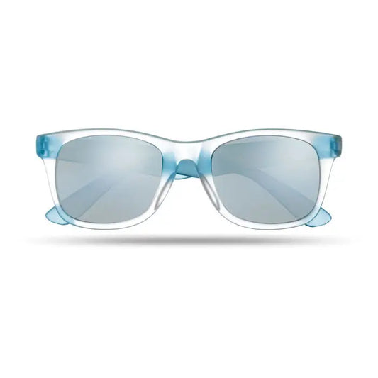 Ochelari de soare cu lentila oglinda din plastic translucid albastru deschis si lentile oglinda gri