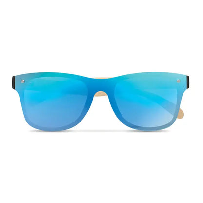 Ochelari de soare cu lentile cu oglinda albastru gradient si brate din lemn pentru un stil natural si modern