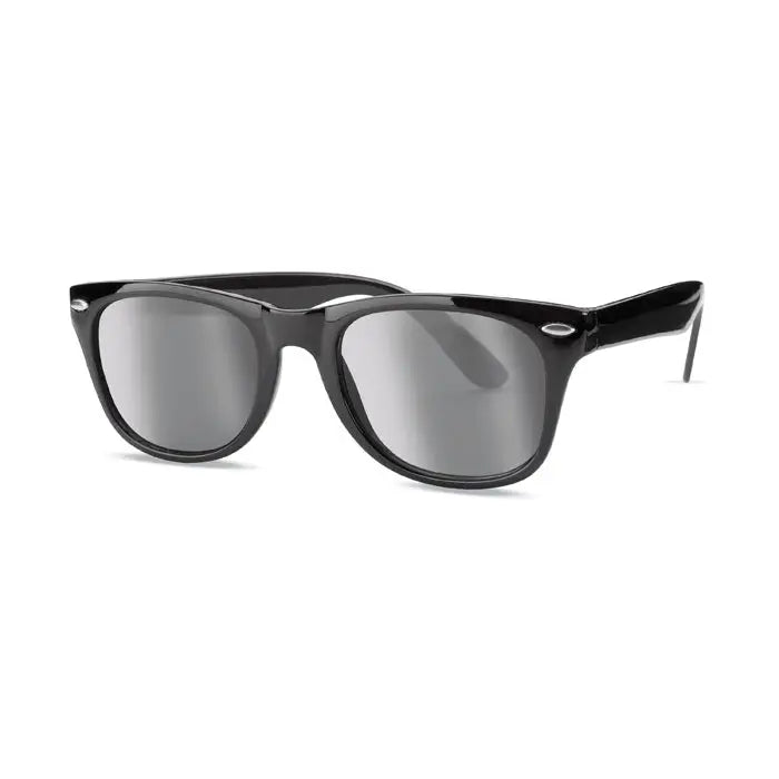 Ochelari de soare cu protectie uv, rame negre din plastic si lentile oglinda gri, design clasic rotund