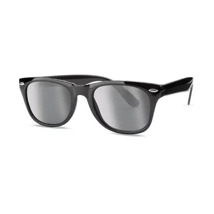 Ochelari de soare cu protectie uv, rame negre din plastic si lentile oglinda gri, design clasic rotund