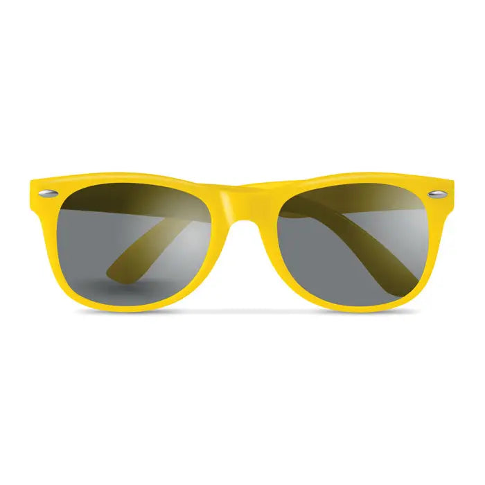 Ochelari de soare cu protectie uv cu rama galbena din plastic si lentile oglindite gri inchis