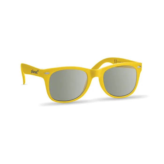 Ochelari de soare cu protectie uv cu rama galbena din plastic si lentile oglinda argintii cu logo planet
