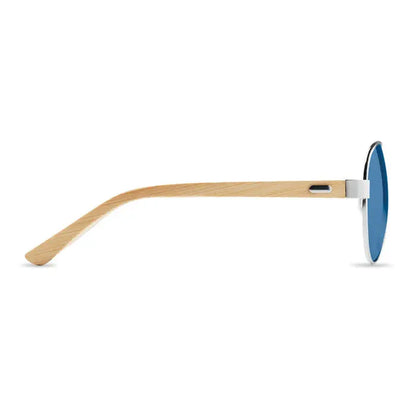 Ochelari de soare din bambus cu rama lemn natural si lentile albastre vibrante minimalist design
