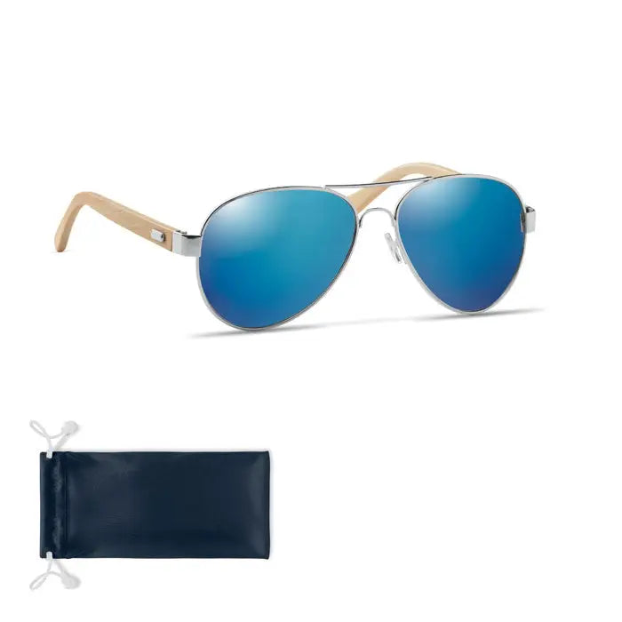Ochelari de soare aviator din bambus cu lentile albastre oglindă și husă protectoare bleumarin