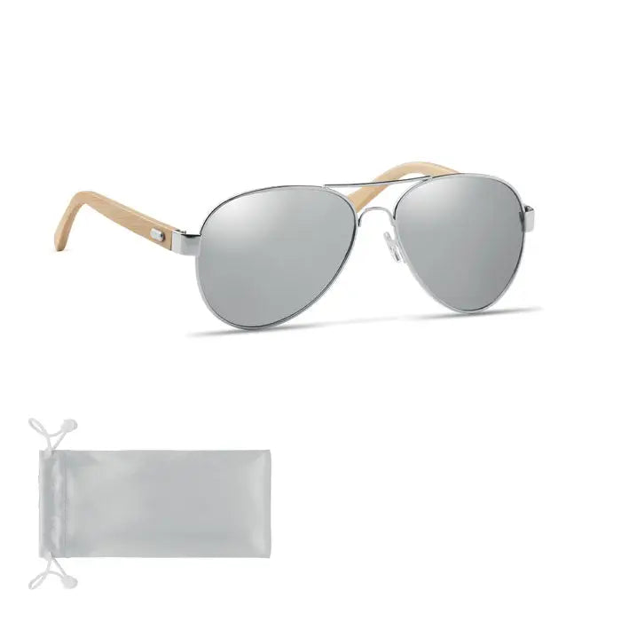 Ochelari de soare aviator cu lentile argintii oglindă și brațe din bambus deschis, cu husă transparentă