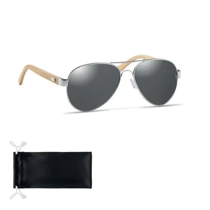 Ochelari de soare aviator din bambus cu lentile oglindă gri închis și husă neagră din stofă