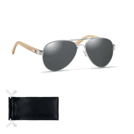Ochelari de soare aviator din bambus cu lentile oglindă gri închis și husă neagră din stofă