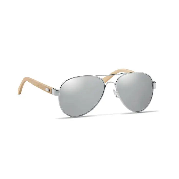 Ochelari de soare din bambus aviator cu lentile argintii oglinda si brațe din bambus deschis la culoare in husa