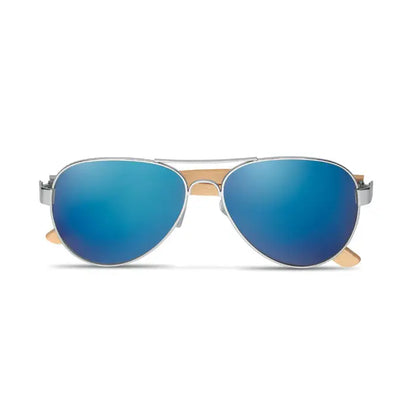 Ochelari de soare aviator din metal argintiu cu lentile albastre reflectorizante si tample din bambus