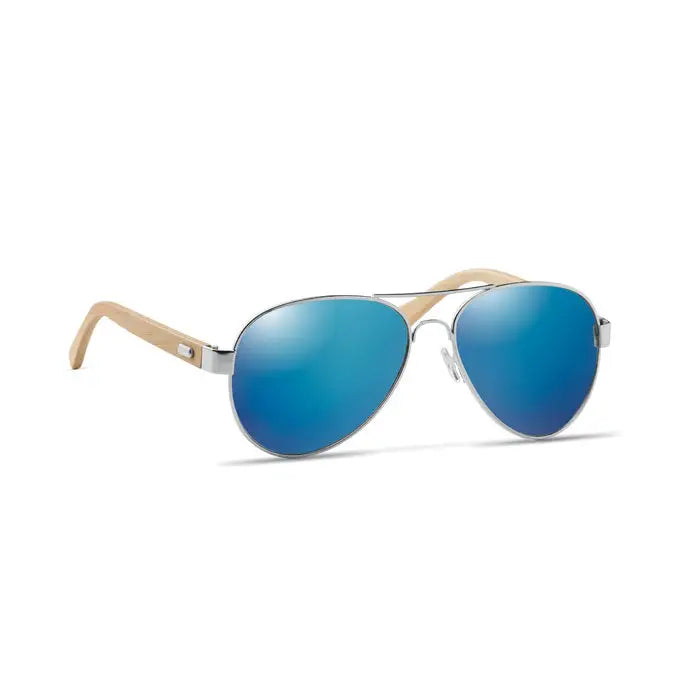 Ochelari de soare aviator cu lentile oglindă albastre și ramă din bambus deschis la culoare în husă