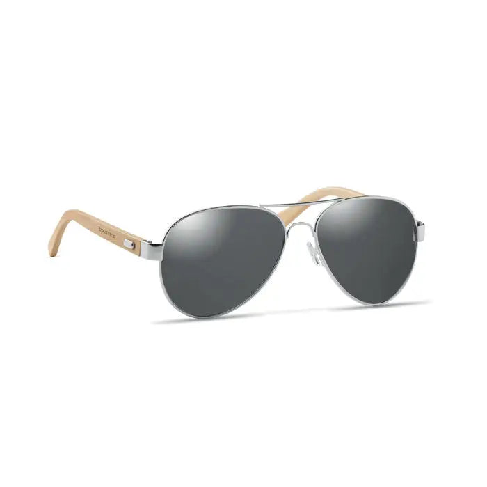 Ochelari de soare aviator din bambus cu lentile gri oglindite si rame din metal argintiu si lemn deschis