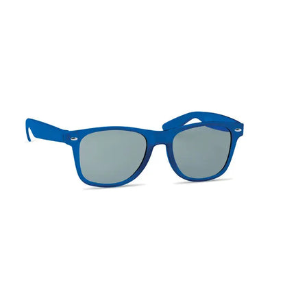 Ochelari de soare cu rama albastra din plastic RPET si lentile oglinzite gri perfecti pentru protectie UV