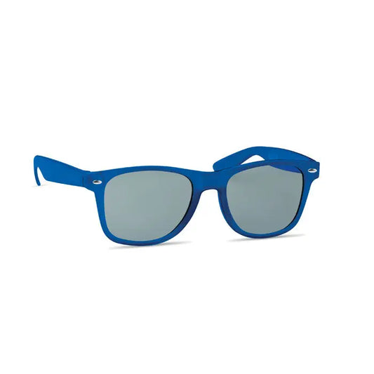 Ochelari de soare cu rama albastra din plastic RPET si lentile oglinzite gri perfecti pentru protectie UV