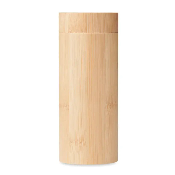 Natural bamboo cylindrical tea box with matching lid in light tan color and vertical grain pattern for sunglasses and case