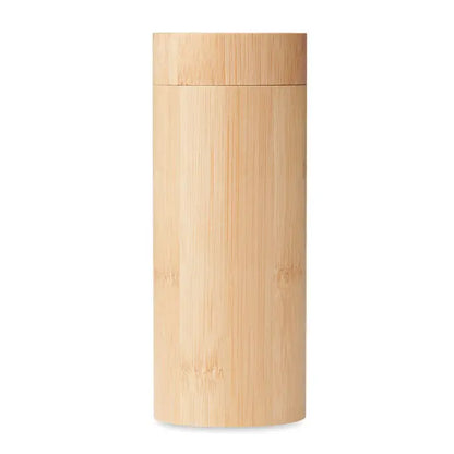 Natural bamboo cylindrical tea box with matching lid in light tan color and vertical grain pattern for sunglasses and case