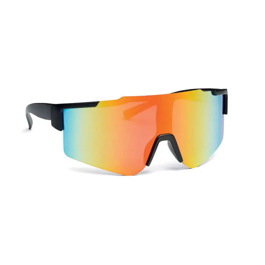 Ochelari de soare sport cu rama neagra si lentile oglinda in degrade portocaliu vibrant spre albastru rece