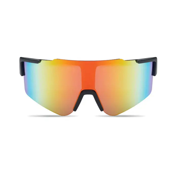 Ochelari de soare sport cu ramă neagră și lentile oglindă gradient orange-albastru
