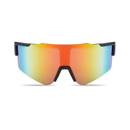 Ochelari de soare sport cu ramă neagră și lentile oglindă gradient orange-albastru