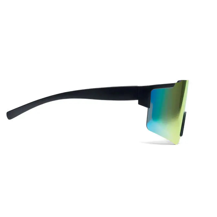 Ochelari de soare sport cu rama neagra si lentila oglinda cu gradient iridescent teal si galben-verzui