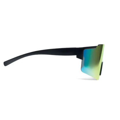 Ochelari de soare sport cu rama neagra si lentila oglinda cu gradient iridescent teal si galben-verzui