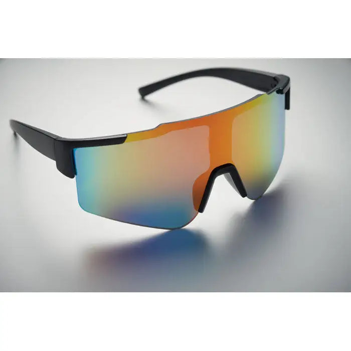 Ochelari de soare sport cu rama neagra si lentile oglinda cu gradient portocaliu albastru