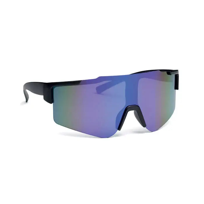 Ochelari de soare sport cu rama neagra si lentile oglinda irizate mov si albastru