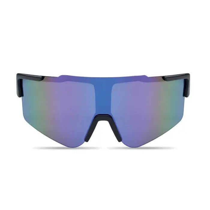 Ochelari de soare sport cu rama neagra si lentile oglinda reflectorizante albastre si violet