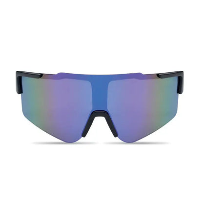 Ochelari de soare sport cu rama neagra si lentile oglinda reflectorizante albastre si violet