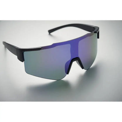 Ochelari de soare sport cu rama neagra si lentile oglinda gradient albastru si verde pentru activitati sportive