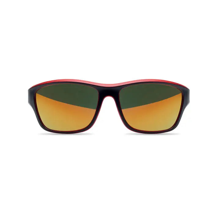 Ochelari de soare sport cu rama neagra si rosie si lentile oglinda uv400 degrade portocaliu-verde